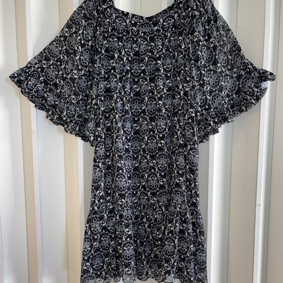 ANNA SUI For UNIQLO Blk/Ivory Chiffon Half Sleeve Boho Dress - M - Picture 5 of 7
